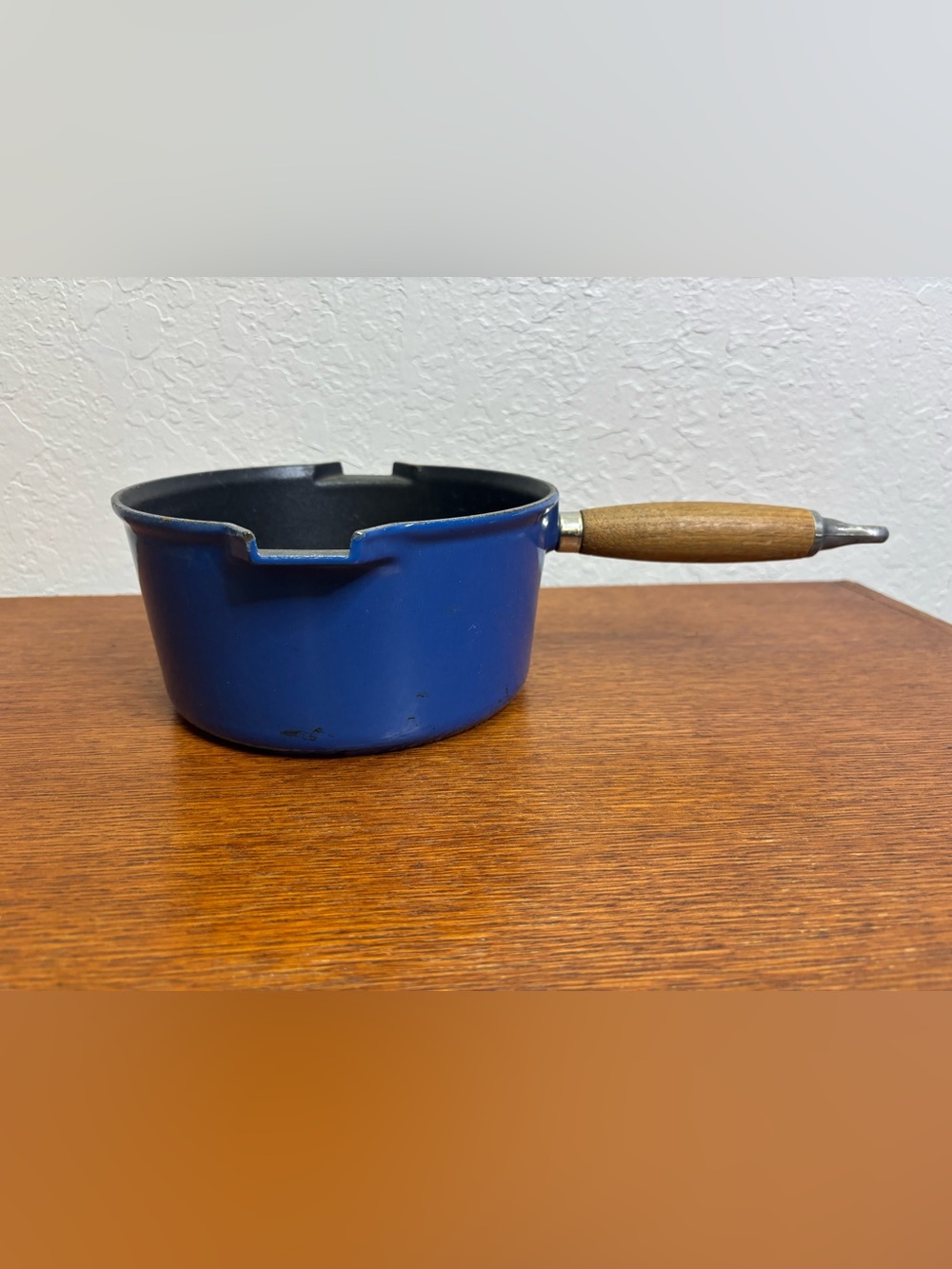 Le Creuset #20 Blue Enameled Cast Iron Saucepan No Lid Wood Handle France VTG